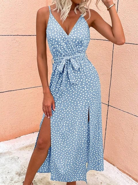 Women's long floral summer dresses, dress with a slit on the straps