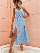 Women's long floral summer dresses, dress with a slit on the straps